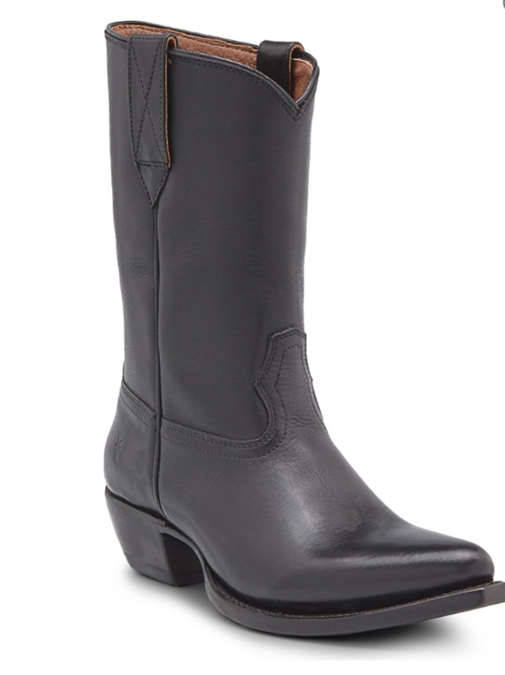 Frye Black Leather Mid-Calf Heeled Western Boots ostrich Leather